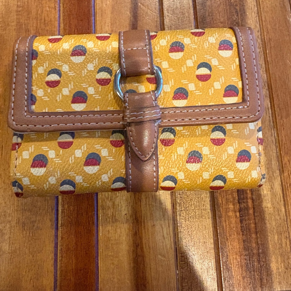 Yellow Patterned Women's Wallet with Brown Trim and Buckle Accent